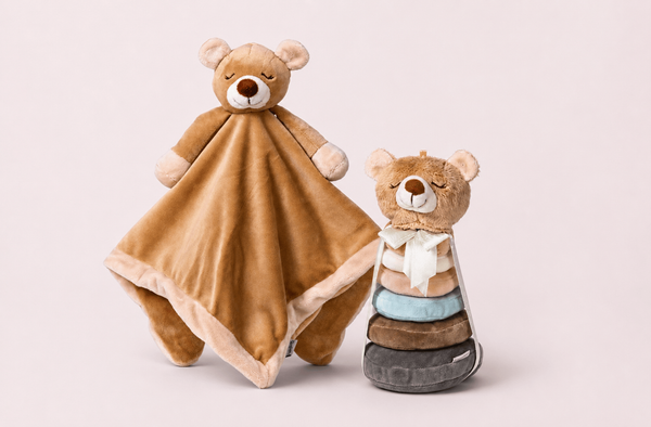 Комплект бебешки играчки – Мече кърпа & Мече низанка (Brown Cuddle Cloth + Stacking Toy Teddy Bear)