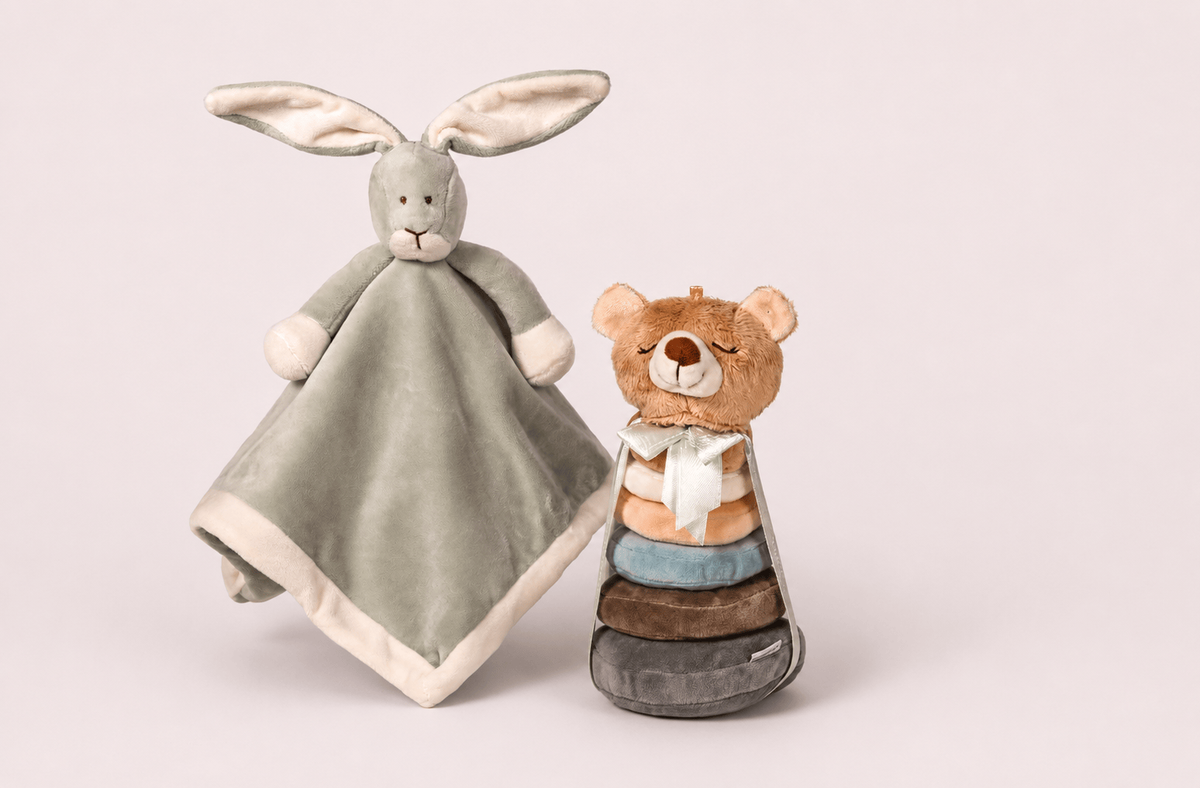 Комплект бебешки играчки – Зайче одеяло/кърпа & Мече низанка (Baby Blanket Bunny + Stacking Toy Teddy Bear)