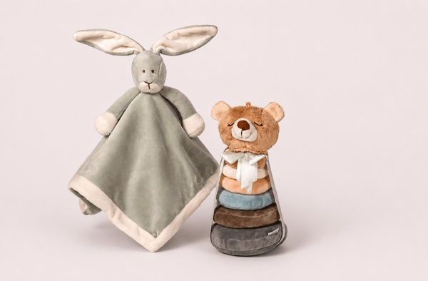 Комплект бебешки играчки – Зайче одеяло/кърпа & Мече низанка (Baby Blanket Bunny + Stacking Toy Teddy Bear)
