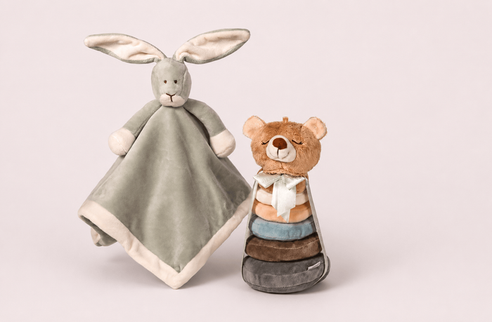 Комплект бебешки играчки – Зайче одеяло/кърпа & Мече низанка (Baby Blanket Bunny + Stacking Toy Teddy Bear)