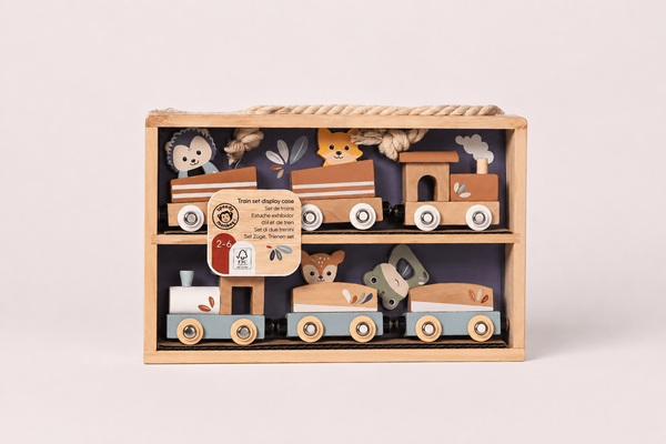 Дървен комплект влак с кутия за съхранение (Train Set Display Case)